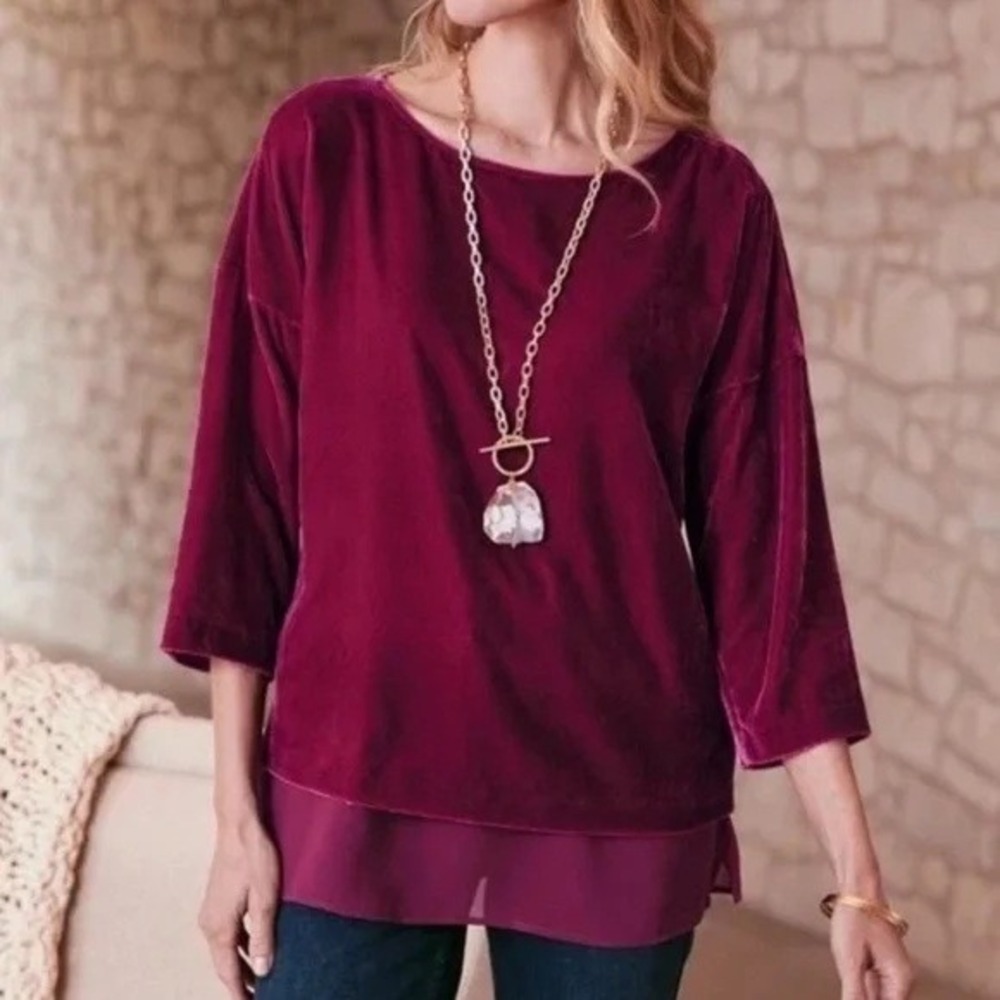 NWT Soft Surroundings Millie‎ Velvet Tunic Top Size S Dark Fuchsia Sheer Hem